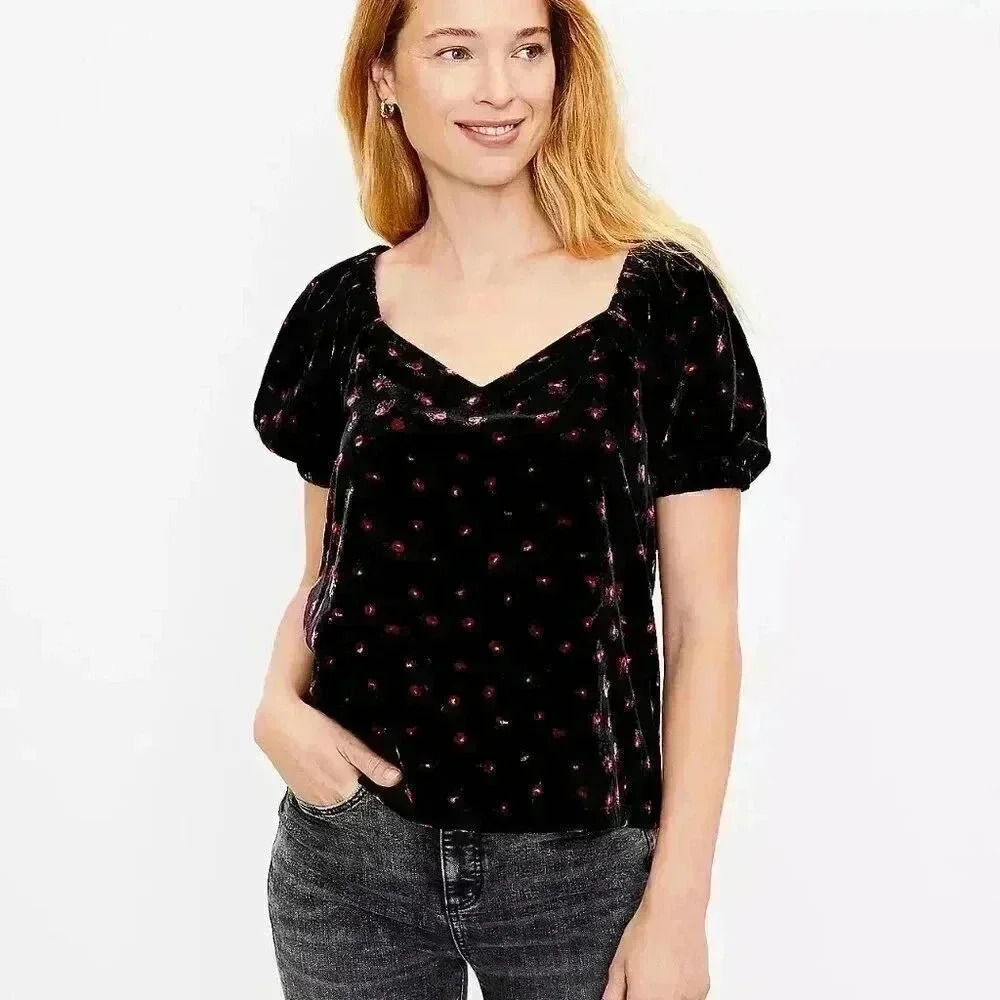NWT LOFT Floral Velvet Puff Sleeve Blouse